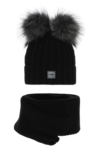 Ensemble d'hiver fille: bonnet et écharpe, noir, avec deux pompons, Zenda