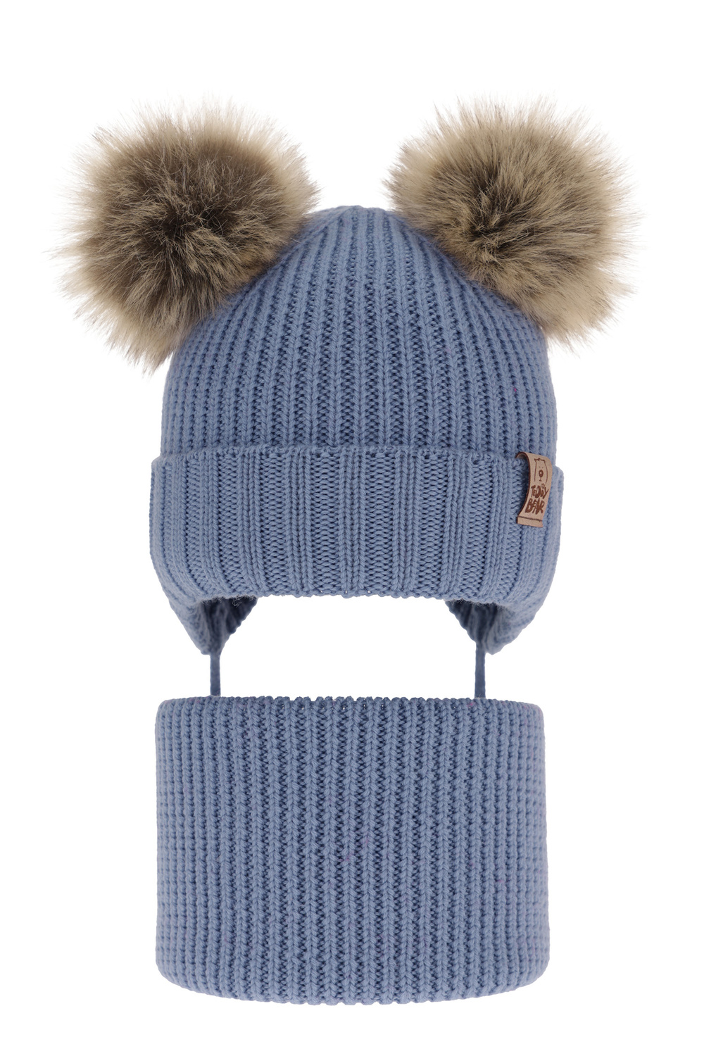 Ensemble d'hiver garçon: bonnet et snood, bleu, avec liens, 100% Laine Mérinos Extrafine, Konor