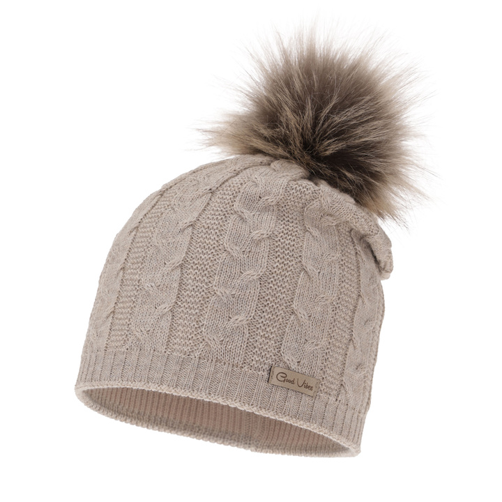 Bonnet d'hiver femme, beige, avec laine mérinos, Bafi