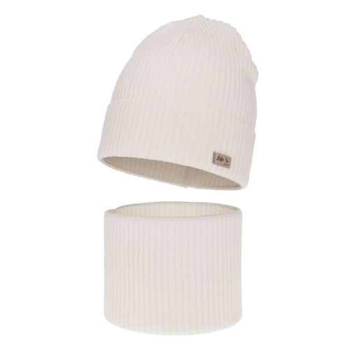Ensemble automne/printemps fille: bonnet et snood, blanc, avec laine mérinos, Itra
