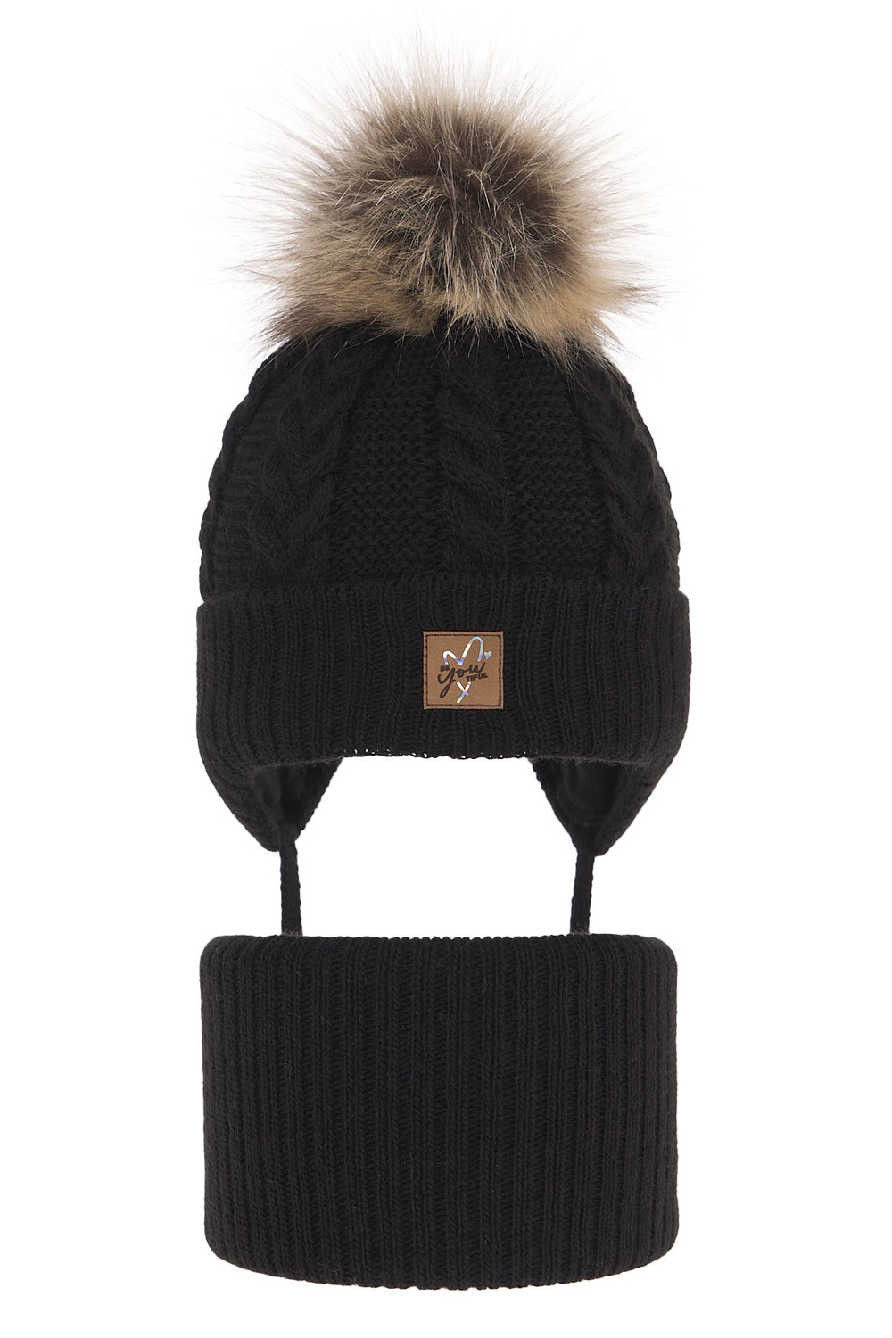 Ensemble d'hiver fille: bonnet et snood, noir, avec pompon, avec liens, Finess