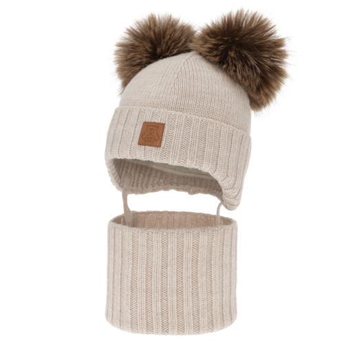 Jongens muts en col, winter set, lichtbeige, 100% merinowol, gevoerd met wollen fleece, Ronik