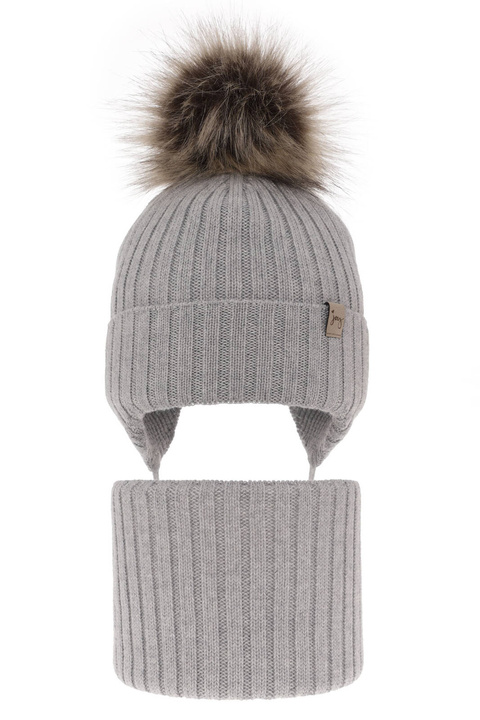 Ensemble d'hiver fille: bonnet et snood, gris, avec laine mérinos, avec liens, Junika