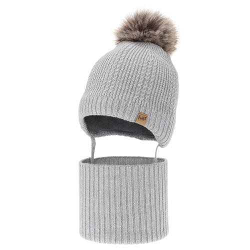 Jongens muts en col, winter set, grijs, 100% merinowol, gevoerd met wollen fleece, met strikbanden Danny
