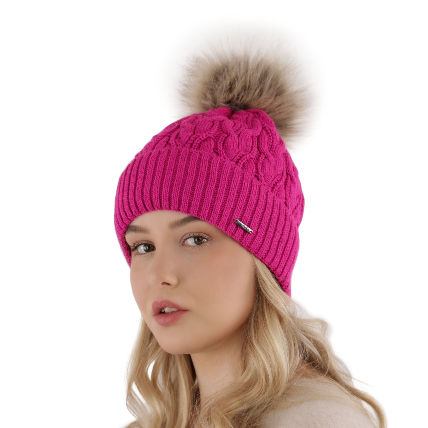 Bonnet d'hiver femme, rose, avec pompon, Deva