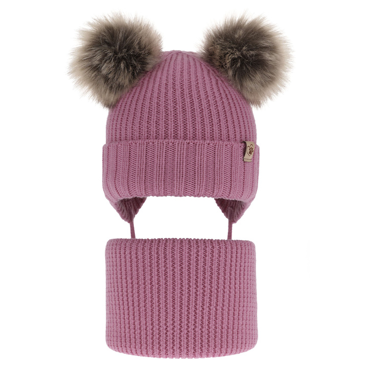 Ensemble d'hiver fille: bonnet et snood, gris, avec deux pompons, avec laine mérinos, Silvia