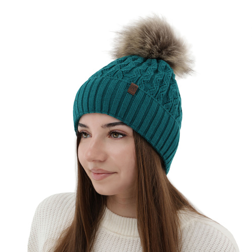Bonnet d'hiver femme, hiver, szmaragdowa, avec pompon, Katty