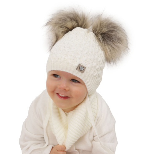 Ensemble d'hiver fille: bonnet et snood, beige, avec deux pompons, avec liens, Poliana
