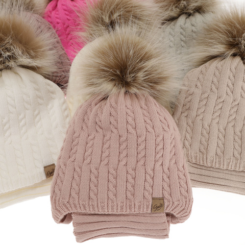 Ensemble d'hiver fille: bonnet et snood, rose clair, avec pompon, avec liens, Loreley