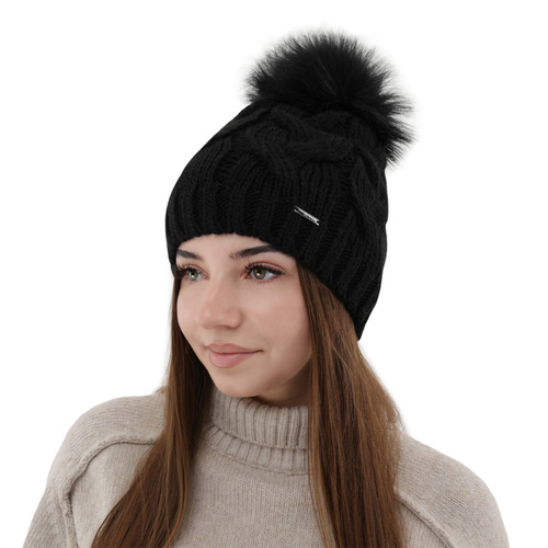 Bonnet d'hiver femme, noir, avec pompon, Terri
