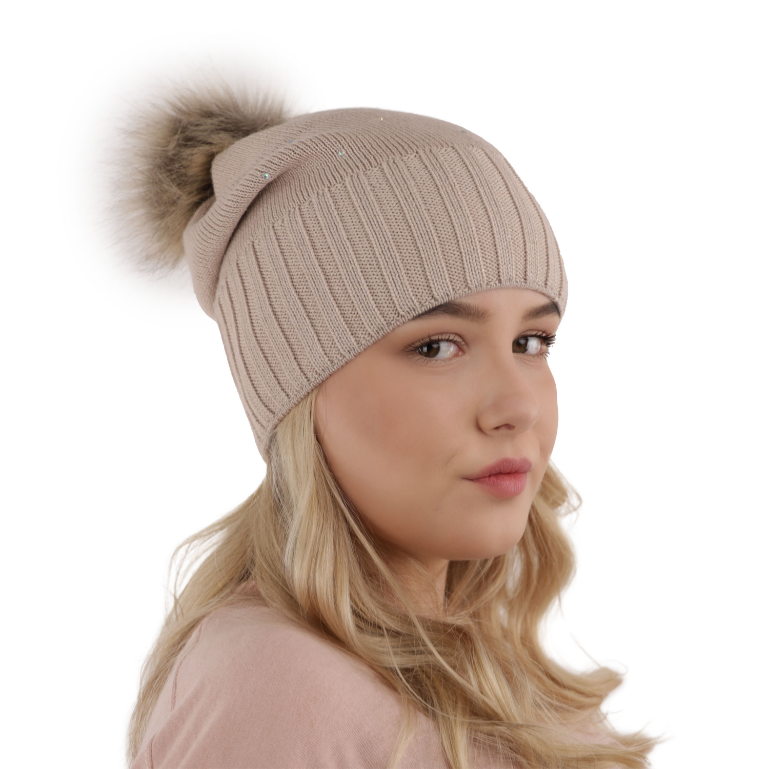 Bonnet d'hiver femme, rose, avec pompon, avec laine mérinos, Malga