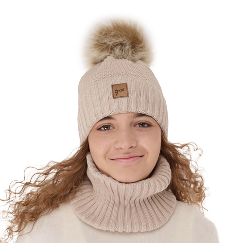 Ensemble d'hiver fille: bonnet et snood, gris, avec pompon, Juliette