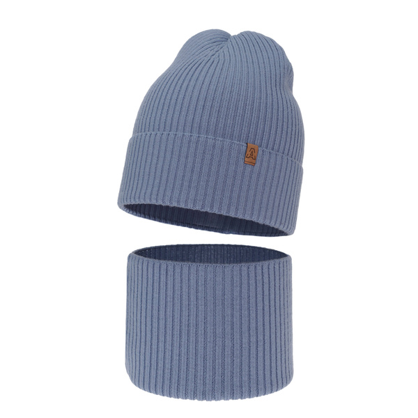 Ensemble automne/printemps garçon: bonnet et snood, bleu, avec laine mérinos, Lemas