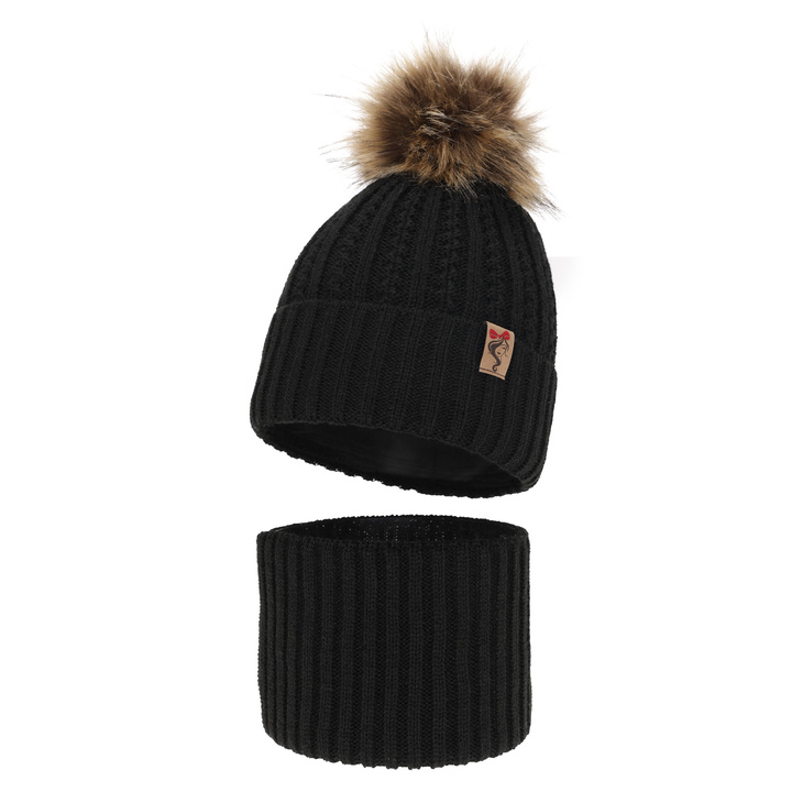 Ensemble d'hiver fille: bonnet et snood, noir, avec pompon, Larina