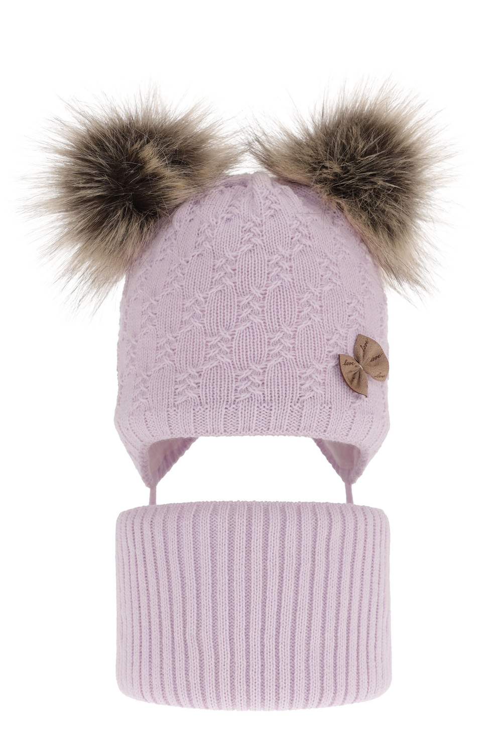 Ensemble d'hiver fille: bonnet et snood, lilas, avec deux pompons, lié, Bettina
