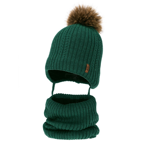 Ensemble d'hiver garçon: bonnet et snood, vert, avec laine mérinos, avec liens, Zongo