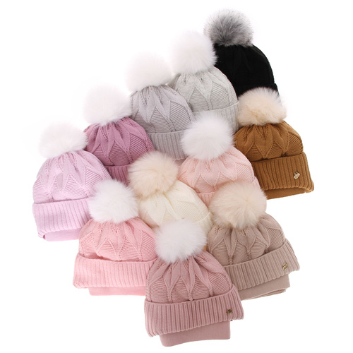 Meisjes winter set muts en sjaal, zwart, met bindkoorden, met garen pompon, Altina