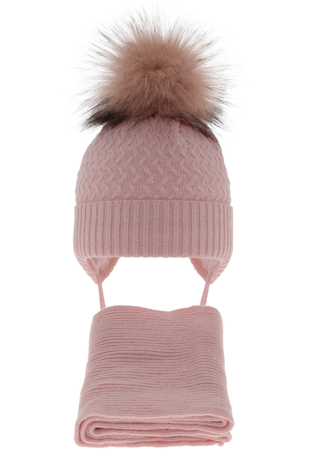 Ensemble d'hiver fille: bonnet et écharpe, rose, avec pompon, avec liens, Zelta