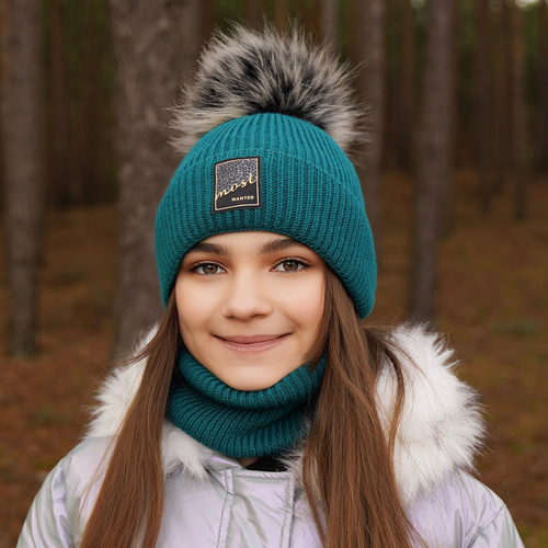 Meisjes winter set muts en sjaal, grijs, met garen pompon, Sycylia