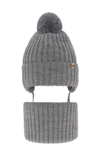Ensemble d'hiver garçon: bonnet et snood, gris, avec pompon, Carlo