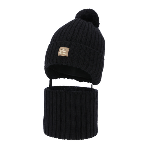 Jongens winter set (muts en buissjaal), blauw, 100% merinowol, gevoerd met wollen fleece, met bindkoorden, Masil