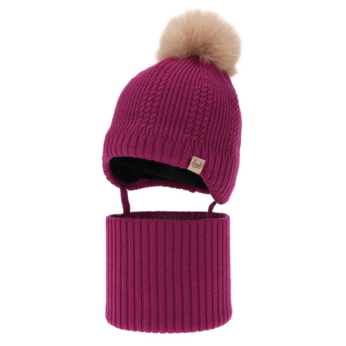 Meisjes winter set (muts en buissjaal), amarant, 100% Merino Wol, gevoerd met wollen fleece, met bindkoorden Danielle