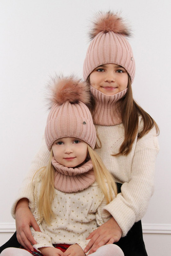 Meisjes winter set muts en buissjaal, grijs, met garen pompon, Wilma