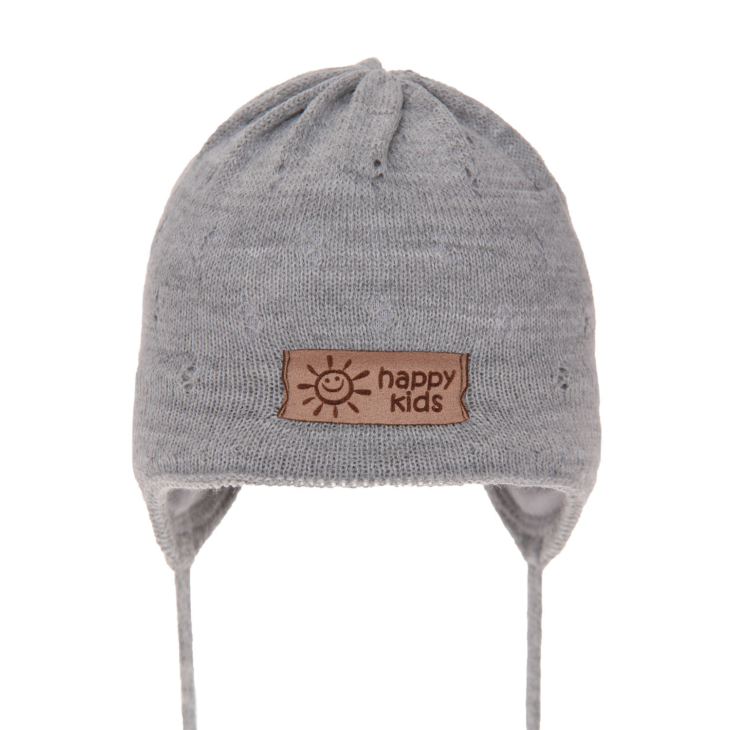 Jongens herfst/lente muts, grijs, met bindkoorden, geperforeerd, Bobi