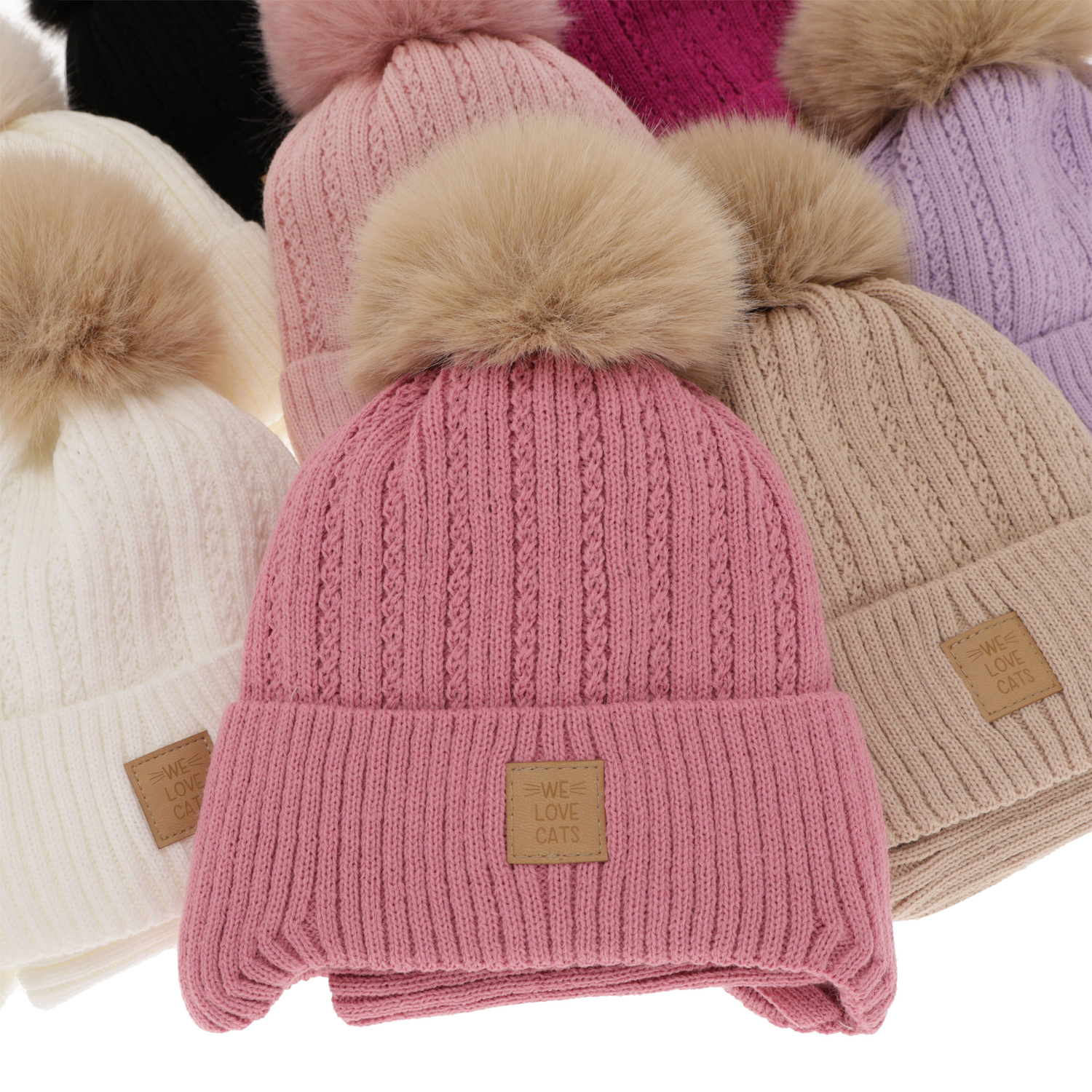 Ensemble d'hiver fille: bonnet et snood, rose clair, avec pompon, Betty
