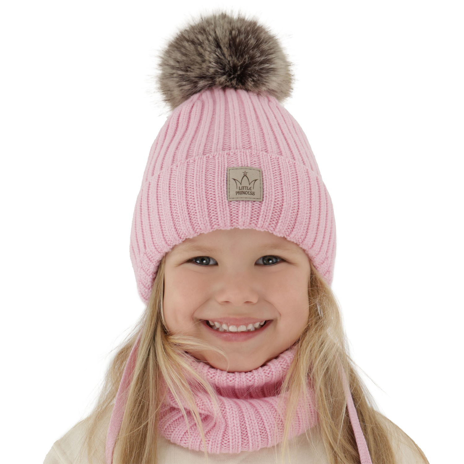 Ensemble d'hiver fille: bonnet et snood, rose, avec pompon, avec laine mérinos, doublé de polaire, wiązany, Martina