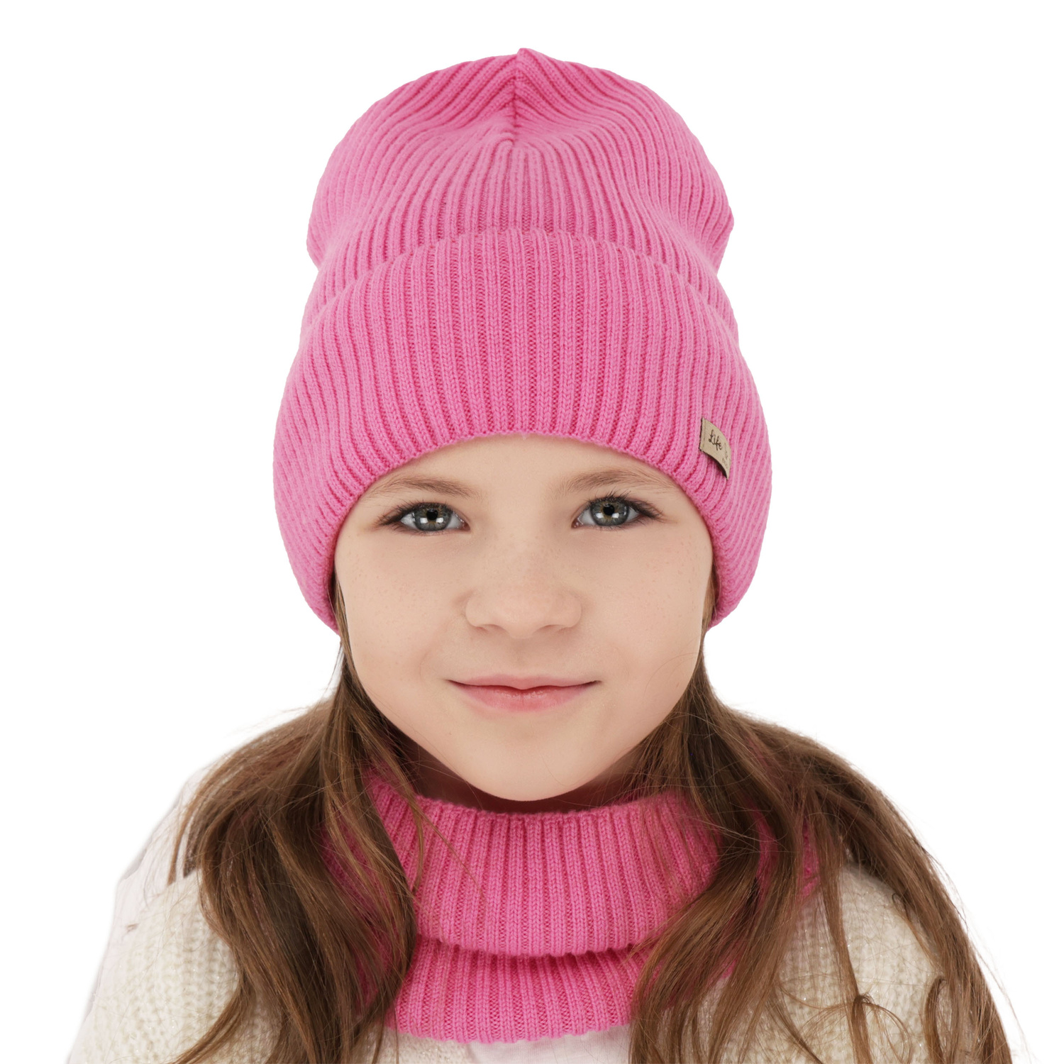 Ensemble automne/printemps fille: bonnet et snood, rose, avec laine mérinos, Itra