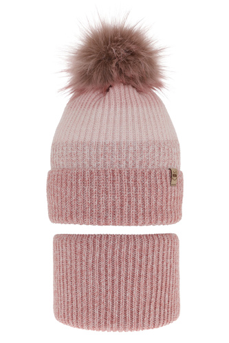 Ensemble d'hiver fille: bonnet et snood, rose, avec pompon, Gimena