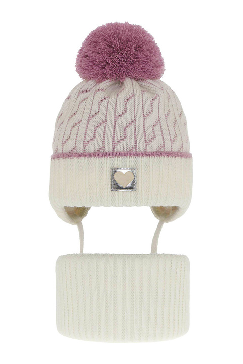 Ensemble d'hiver fille: bonnet et snood, crème, avec pompon, Natka