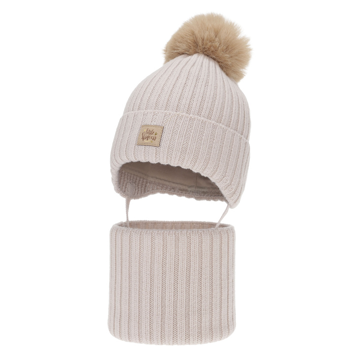Meisjes winter set: muts en buissjaal, beige, 100% merino wol, met bindkoorden, gevoerd met katoen, Malesia