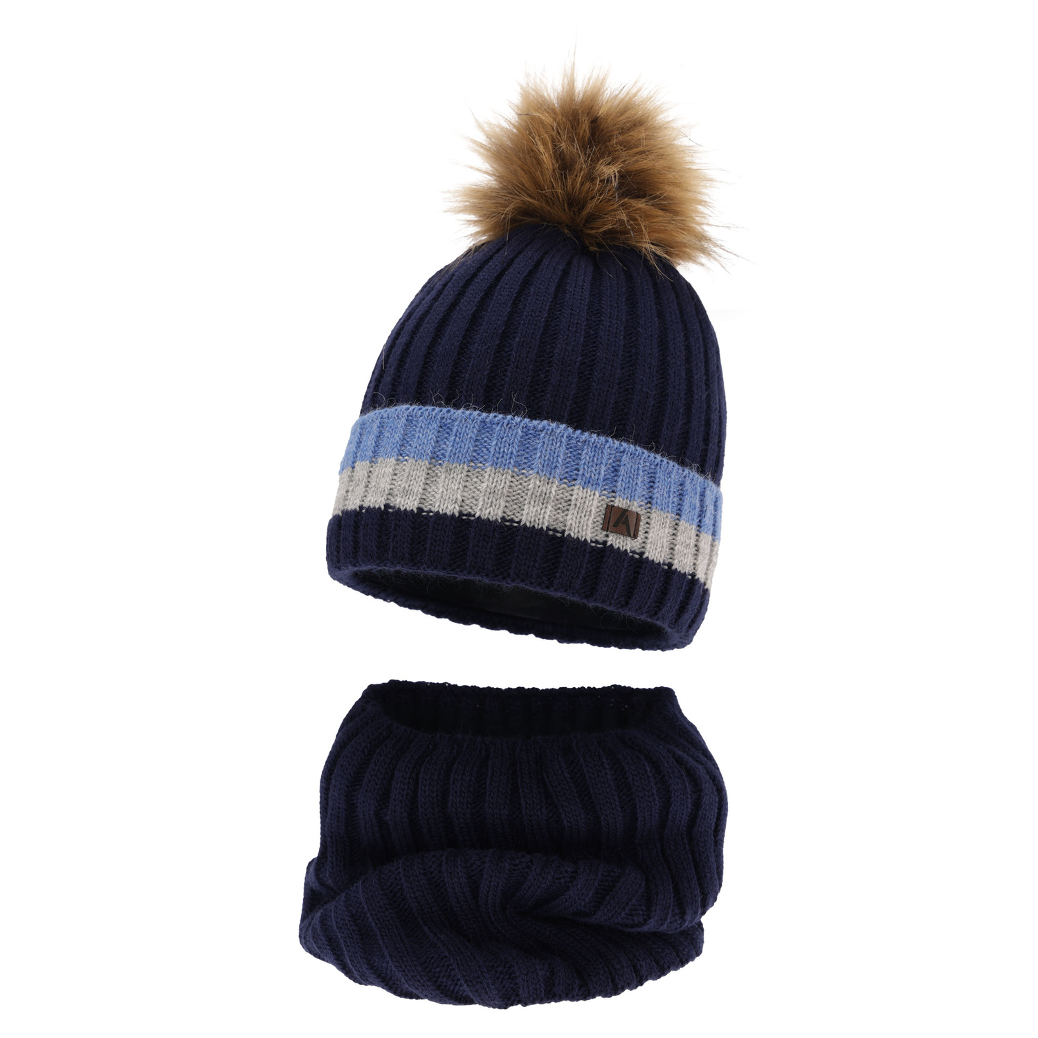 Ensemble d'hiver garçon: bonnet et snood, bleu marine, avec pompon, Beno