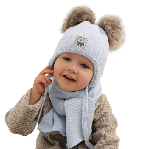 Ensemble d'hiver garçon: bonnet et écharpe, gris, avec deux pompons, avec liens, Jewel