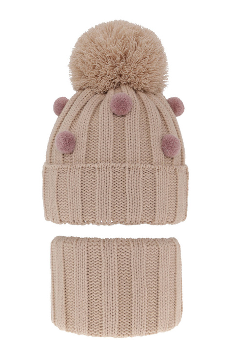 Ensemble d'hiver fille: bonnet et snood, beige, avec pompon, Hekate