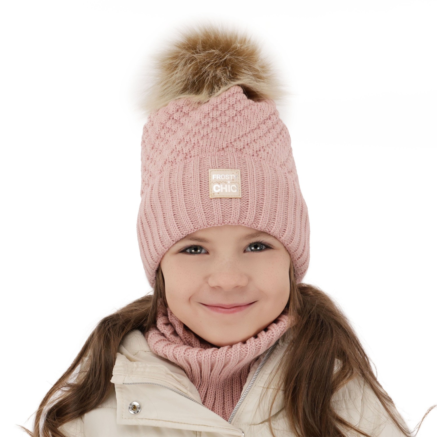 Ensemble d'hiver fille: bonnet et snood, crème, avec pompon, Alena
