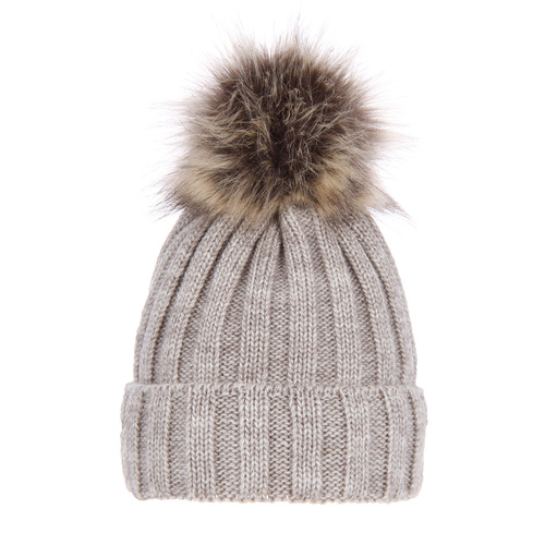 Dames wintermuts, beige, met garen pompon, Mokka
