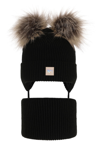 Ensemble d'hiver fille: bonnet et snood, noir, avec deux pompons, avec liens, Kiara