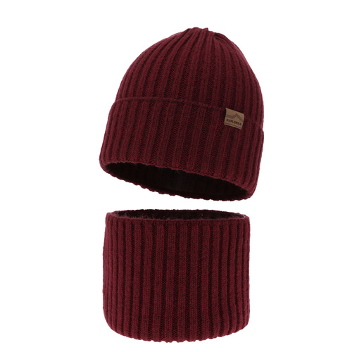 Ensemble d'hiver garçon: bonnet et snood, bordéau, avec laine mérinos, Karmin