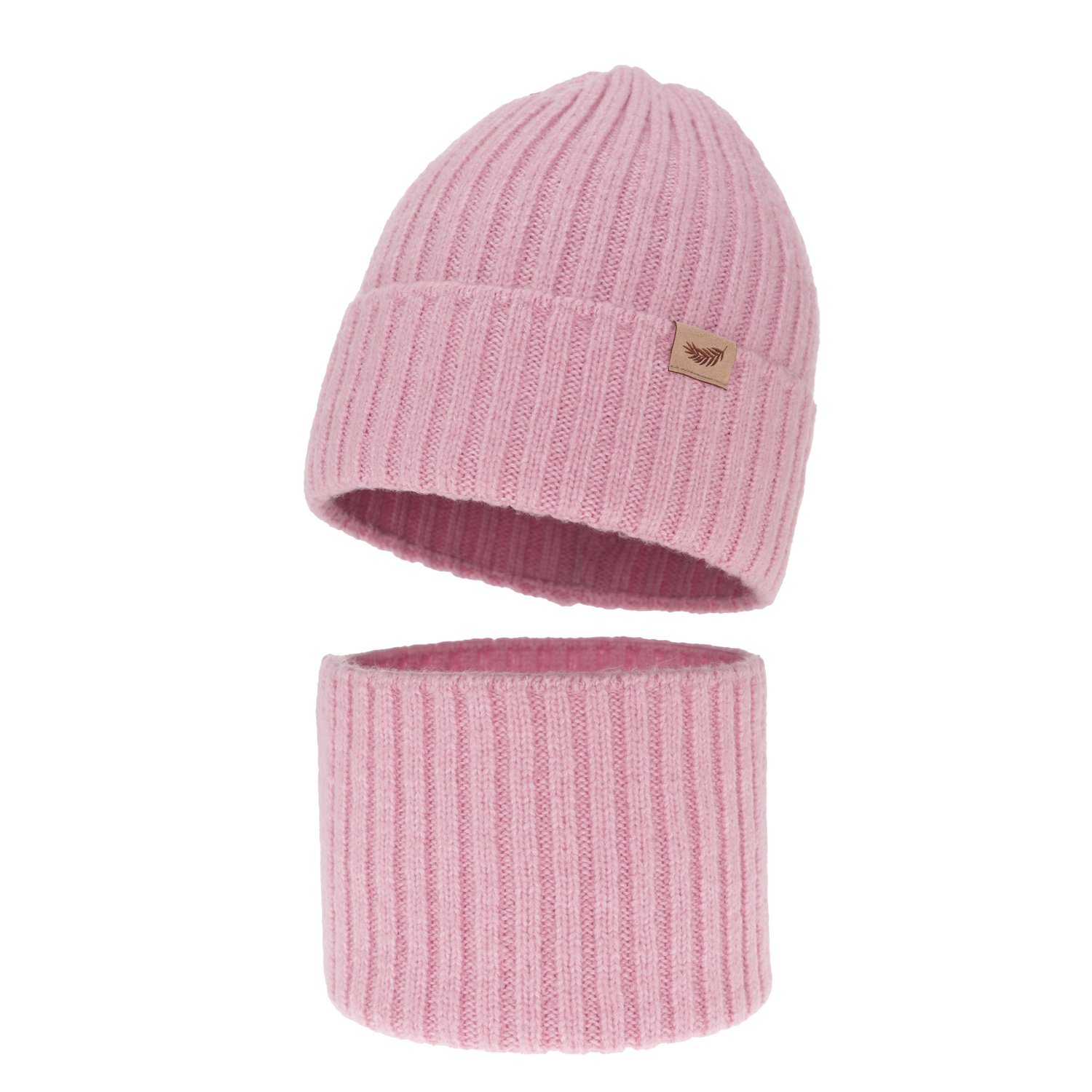 Ensemble d'hiver fille: bonnet et snood, rose clair, avec laine mérinos, Karmina