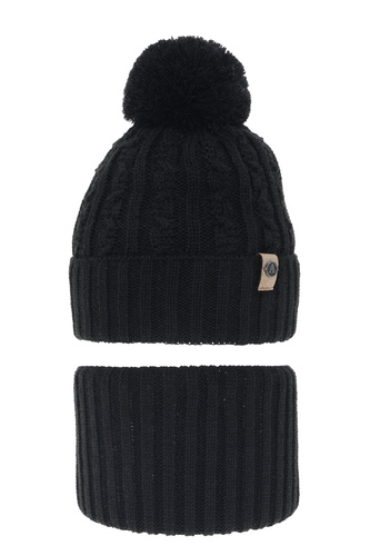 Ensemble d'hiver garçon: bonnet et snood, noir, avec pompon, Almond
