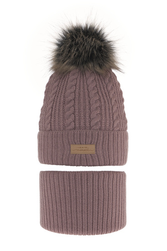 Ensemble d'hiver fille: bonnet et snood, violet, avec pompon, Alika