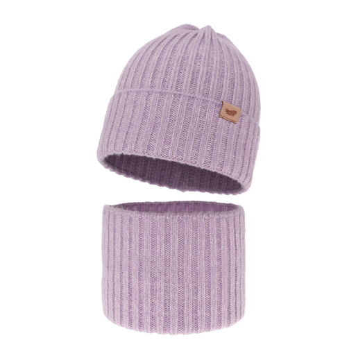Ensemble d'hiver fille: bonnet et snood, violet, avec laine mérinos, Karmina