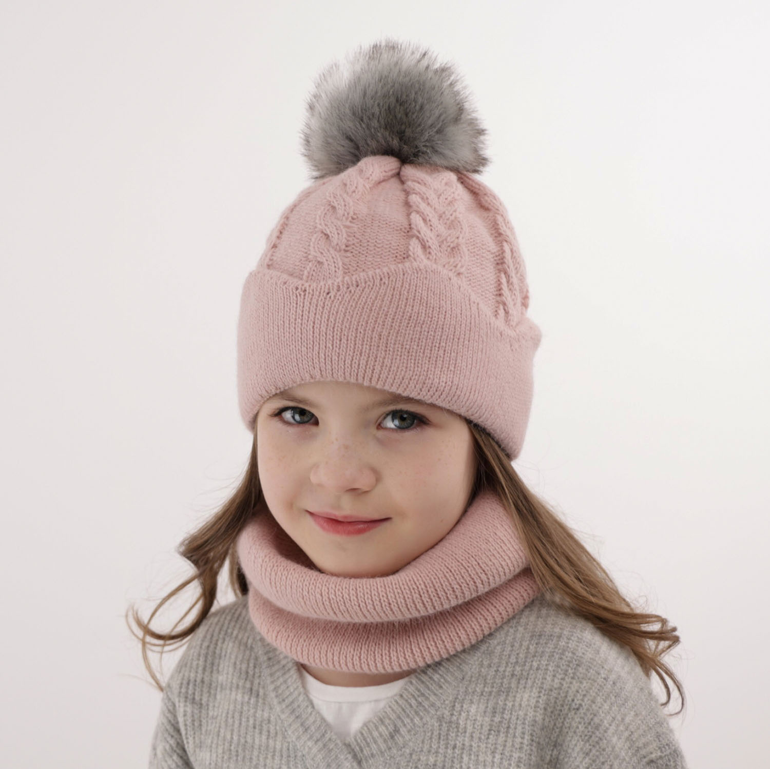 Ensemble d'hiver fille: bonnet et snood, gris, avec pompon, Etula