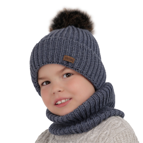 Ensemble d'hiver garçon: bonnet et snood, gris foncé, avec pompon, Wonder