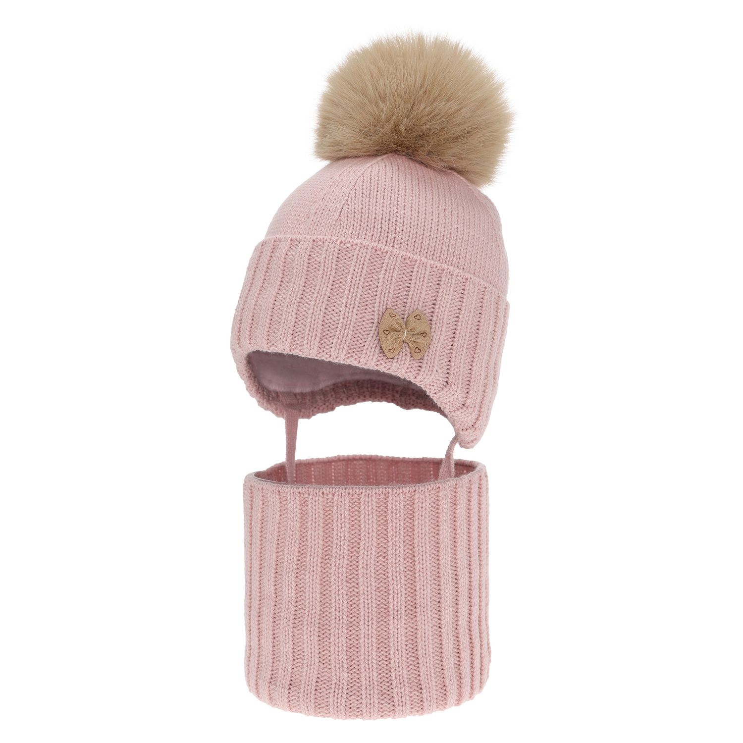 Ensemble d'hiver fille: bonnet et snood, rose, avec pompon, Talena