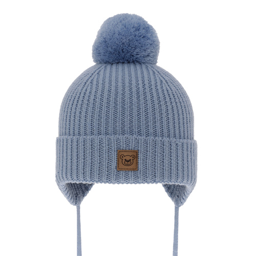 Bonnet d'hiver garçon, bleu, avec laine mérinos, doublé de coton, avec liens, Tacco