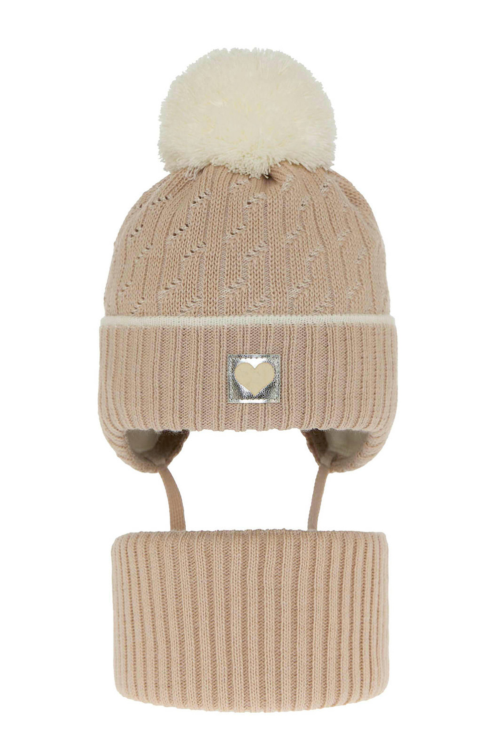Ensemble d'hiver fille: bonnet et snood, beige, avec pompon, Natka